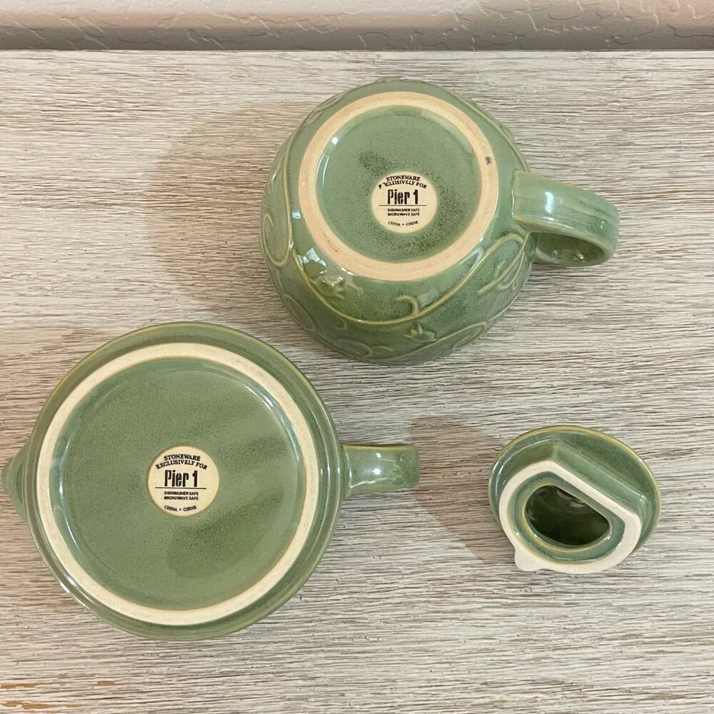 New Pier 1 Teapot Cup Mug 3 Pc Set Green Vine Flower Leaf Stoneware All In One